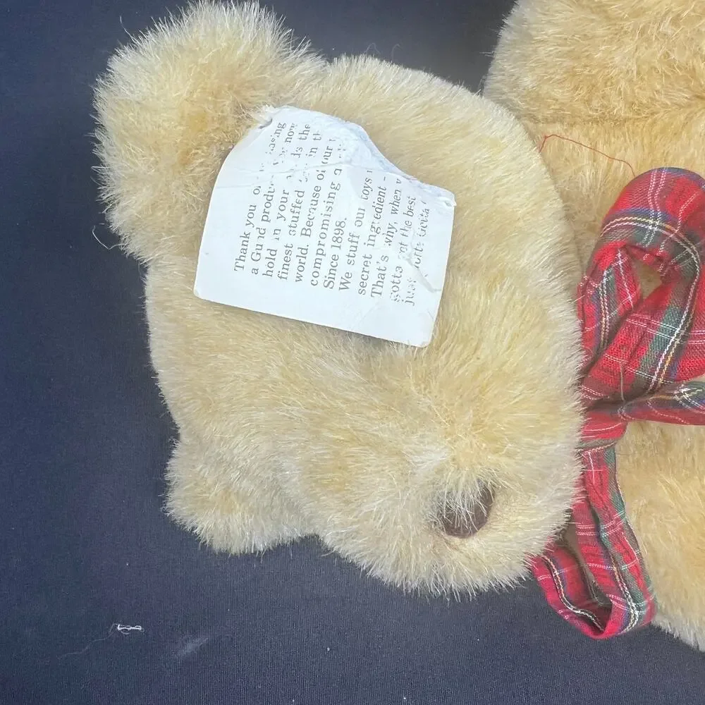 Gund Bear Plush 1982 Plaid Red Bow Seated‎ Tan Brown Jointed Teddy Vintage